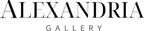Text 'ALEXANDRIA GALLERY' in a stylized font on a black background