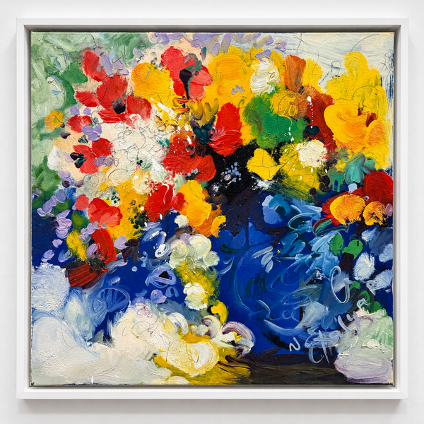 Blue Floral by Natalya Romanovsky, Painting, Oil on Canvas, Size: 24 x 24 inches, White Wood Floating Frame - Alexandria Gallery