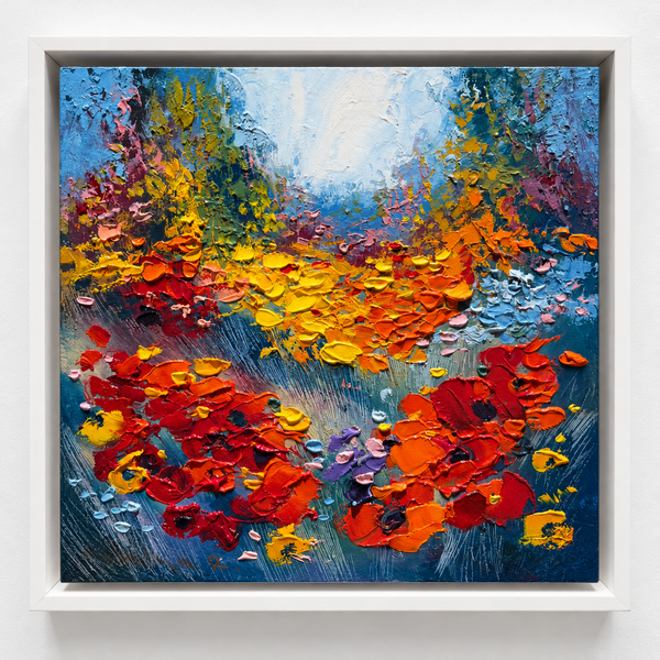 "Wild Flowers - One" by Natalya Romanovsky, Painting, Oil on Wood, Size: 12 by 12 inches, White Wood Floating Frame - Alexandria Gallery