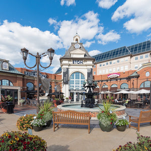 Outdoor shopping mall with a fountain, benches, and decorative plants under a blue sky.
