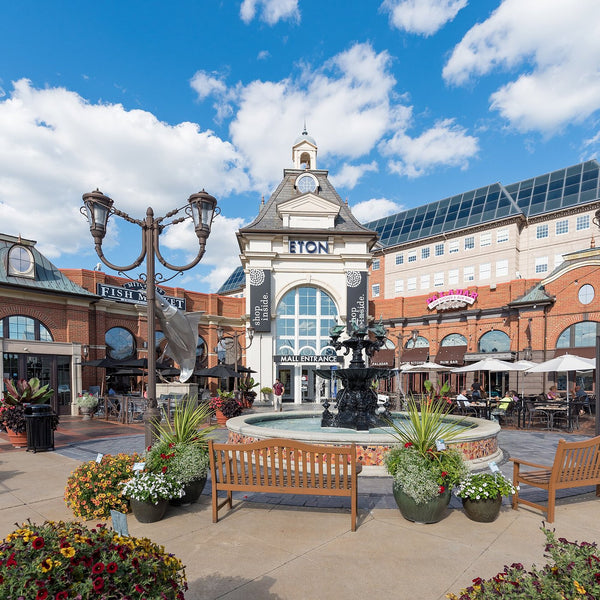 Outdoor shopping mall with a fountain, benches, and decorative plants under a blue sky.